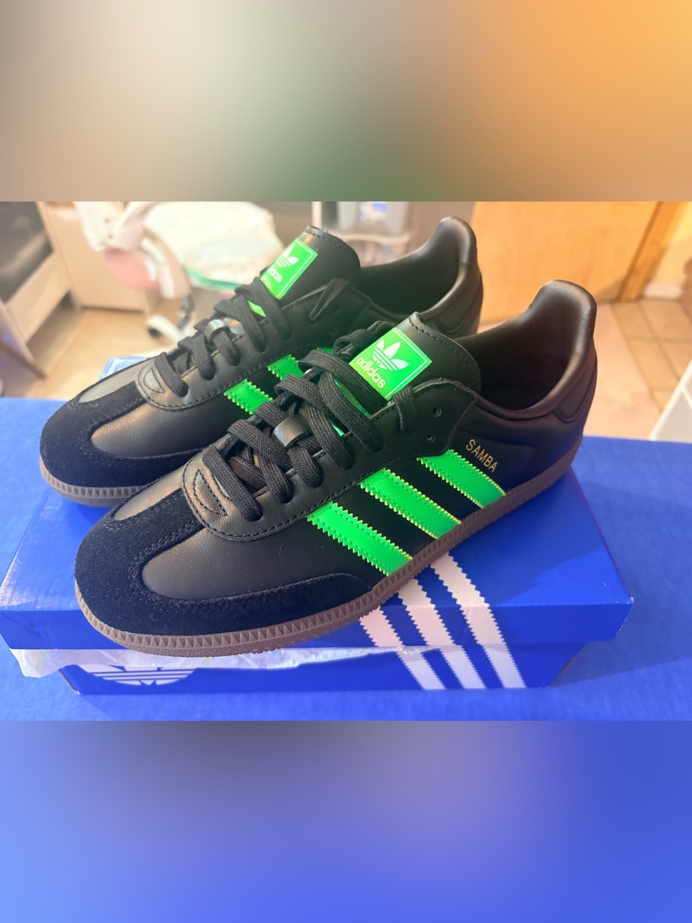 adidas Samba Women’s Sneakers in Black with Neon Green Stripes